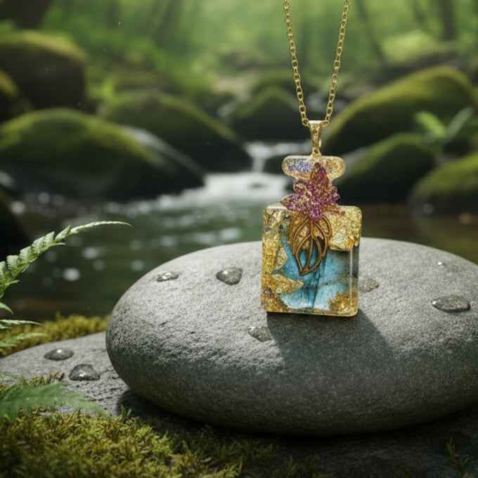 Collier doré en labradorite, flacon orgonite