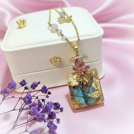Collier doré en labradorite, flacon orgonite