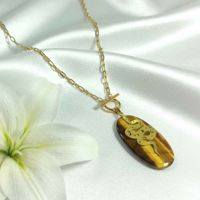 Collier serpent doré et oeil de tigre