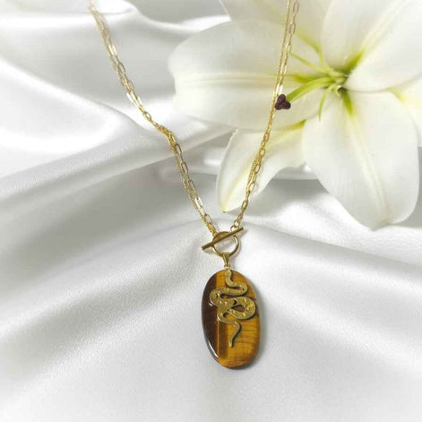 Collier serpent doré et oeil de tigre