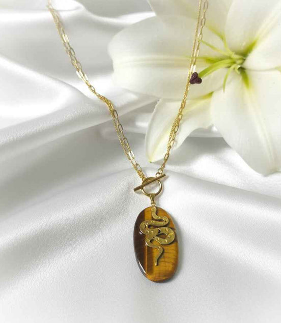 Collier serpent doré et oeil de tigre