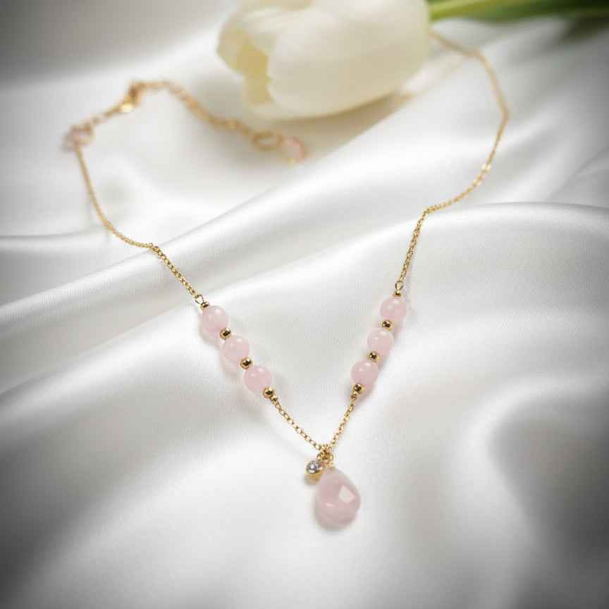 Collier long Doré et pierre de Kunzite 60cm