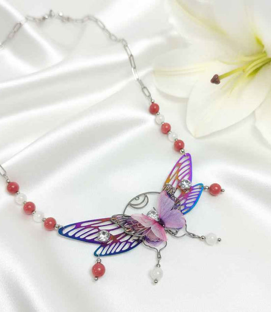 Collier papillon féérique, rhodonite et pierre de lune, fait mains, pièce unique