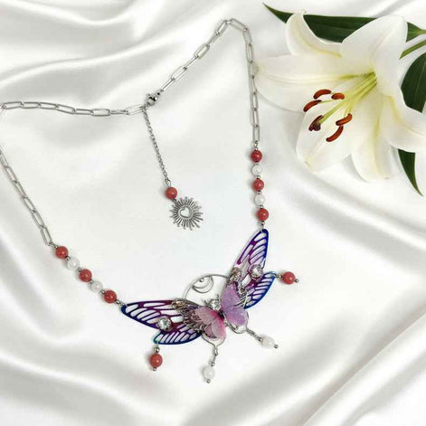Collier papillon féérique, rhodonite et pierre de lune, fait mains, pièce unique