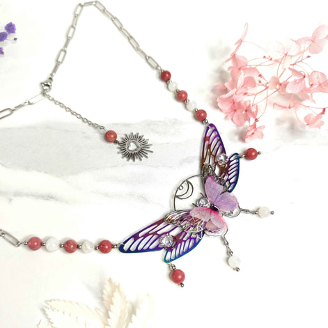 Collier papillon féérique, rhodonite et pierre de lune, fait mains, pièce unique