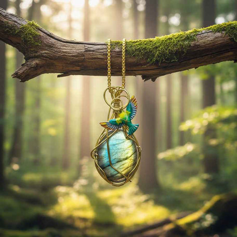 Sautoir doré et labradorite sertie