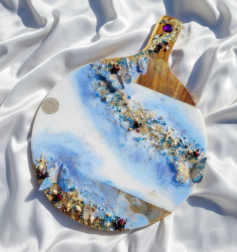 Planche en bois et en quartz, décoration océan féerique en résine
