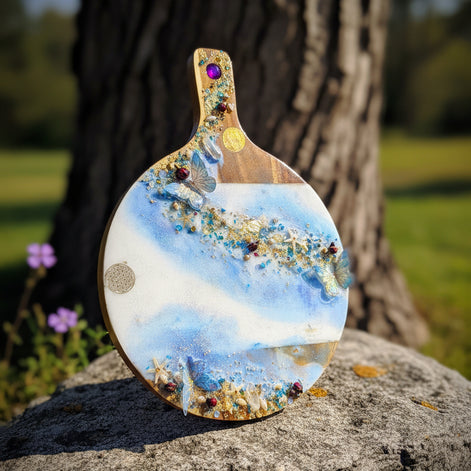 Planche en bois et en quartz, décoration océan féerique en résine