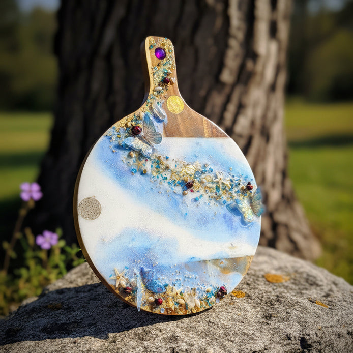 Planche en bois et en quartz, décoration océan féerique en résine