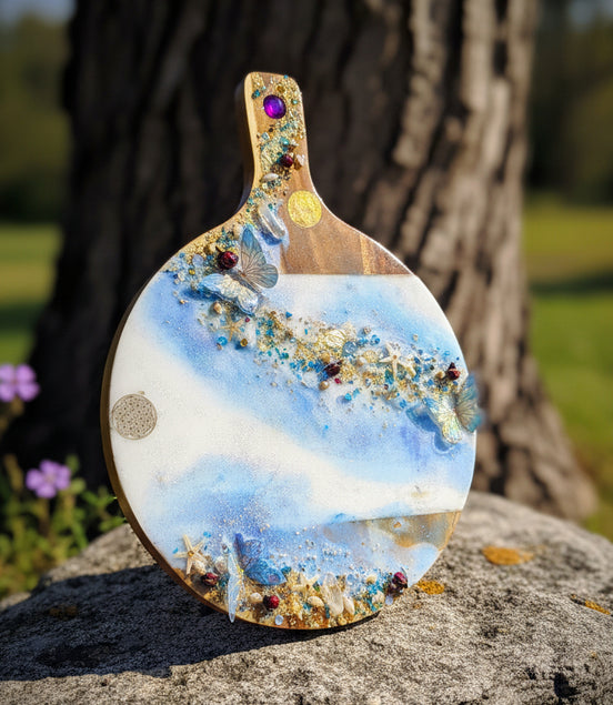 Planche en bois et en quartz, décoration océan féerique en résine