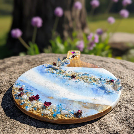 Planche en bois et en quartz, décoration océan féerique en résine