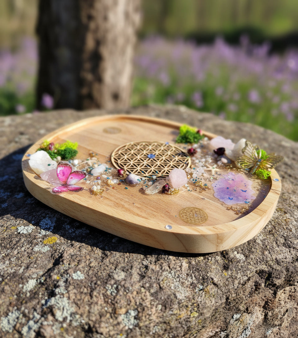 Plateau en bois fleur de vie sacrée, pierre et résine