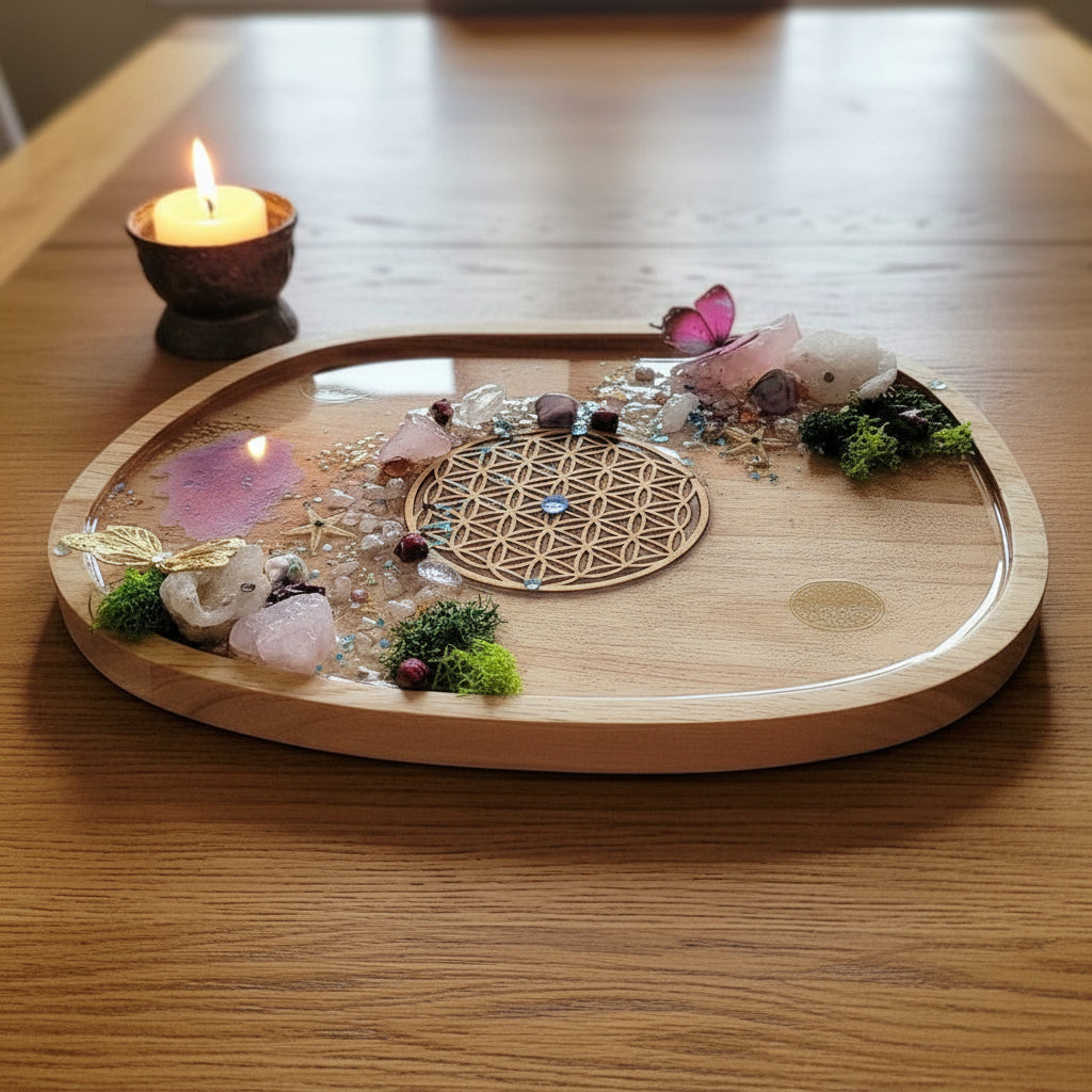 Plateau en bois fleur de vie sacrée, pierre et résine