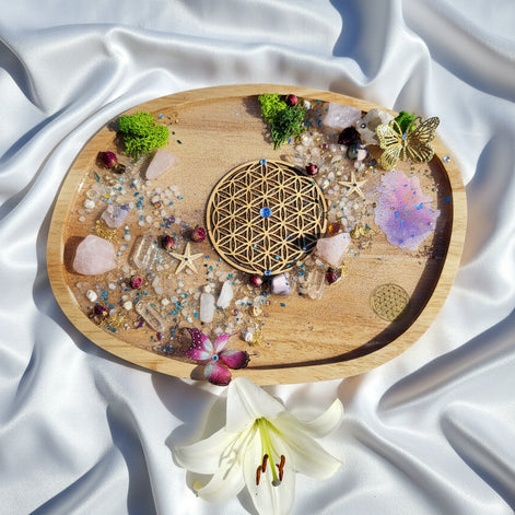 Plateau en bois fleur de vie sacrée, pierre et résine