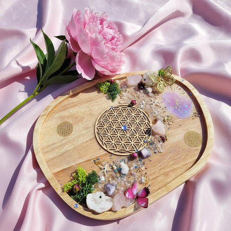 Plateau en bois fleur de vie sacrée, pierre et résine