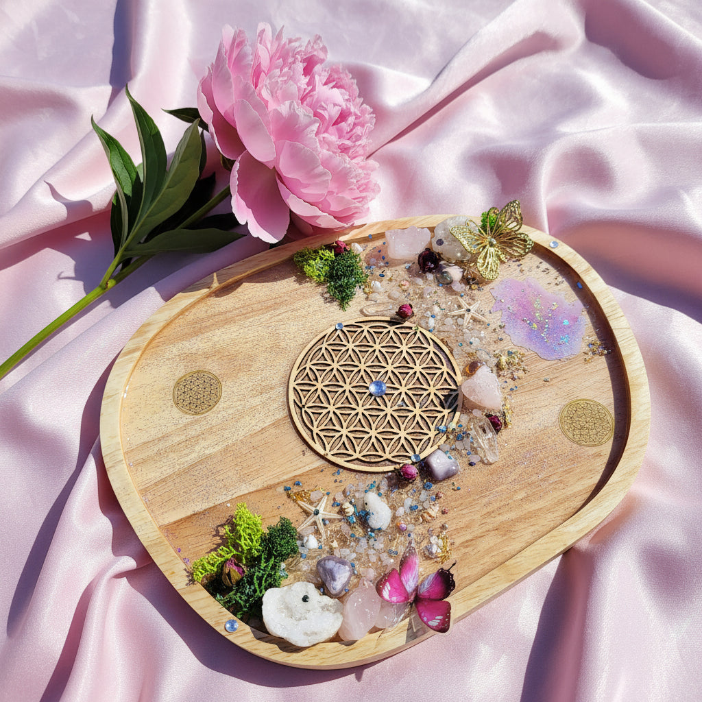 Plateau en bois fleur de vie sacrée, pierre et résine