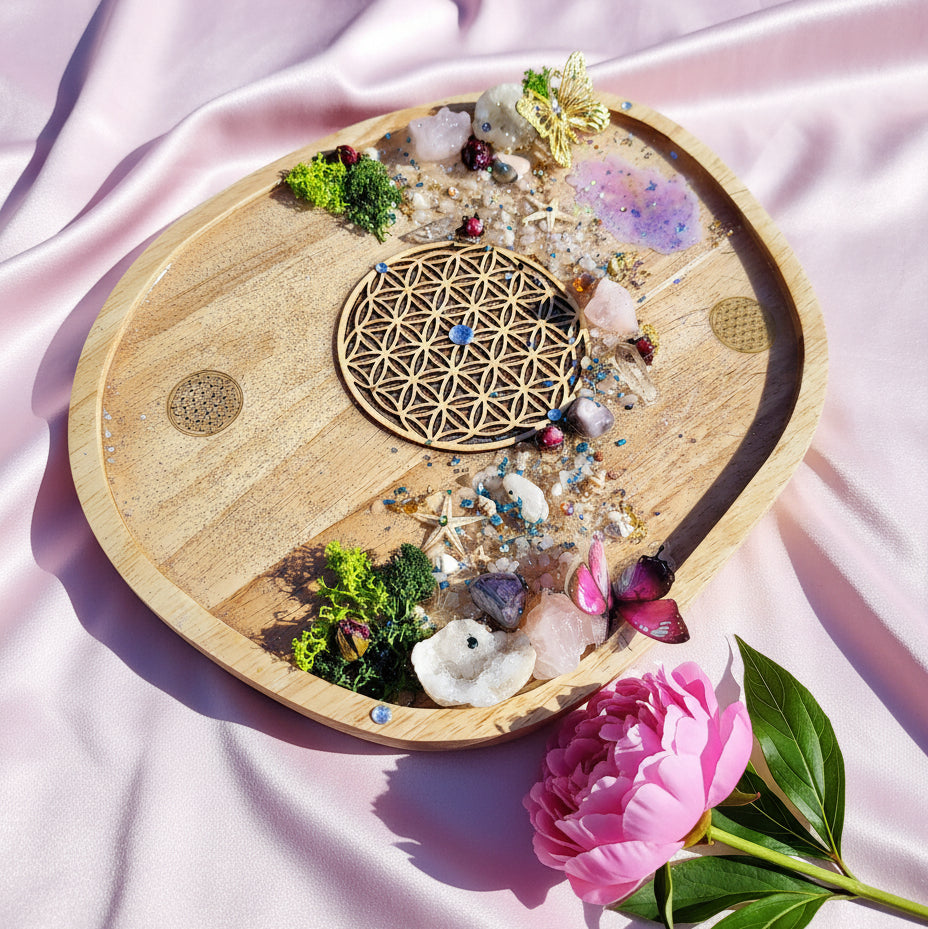 Plateau en bois fleur de vie sacrée, pierre et résine