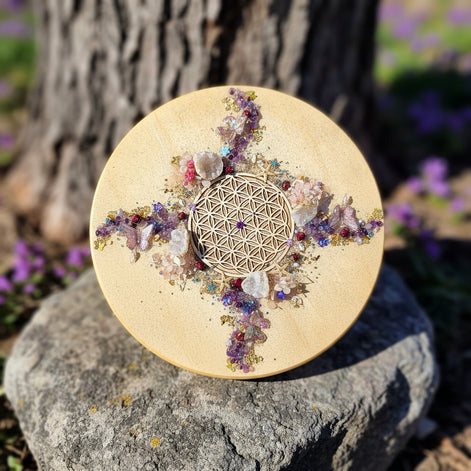 Plateau fleur de vie cristallin en pierre et résine 40 cm