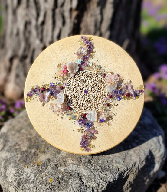 Plateau fleur de vie cristallin en pierre et résine 40 cm