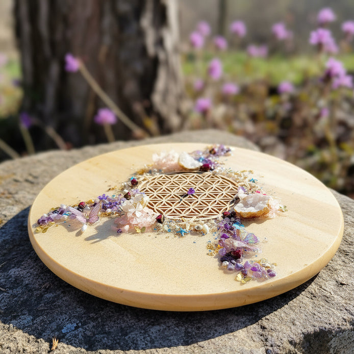 Plateau fleur de vie cristallin en pierre et résine 40 cm
