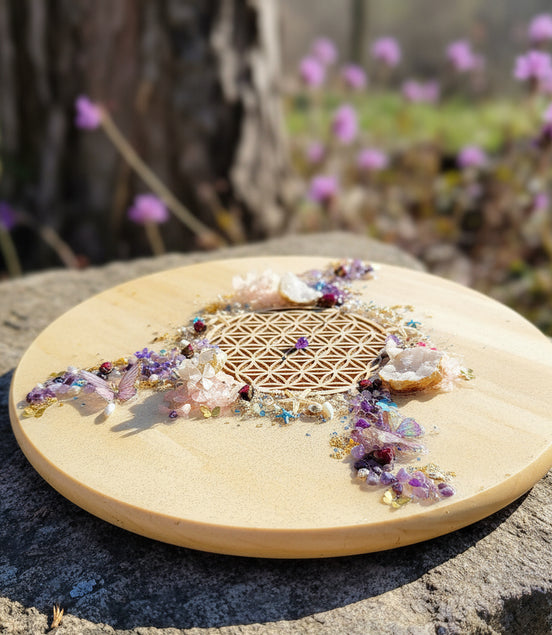 Plateau fleur de vie cristallin en pierre et résine 40 cm