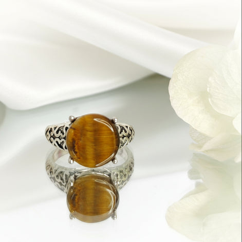 Bague en oeil de tigre ou taureau, argenté, ajustable, au choix