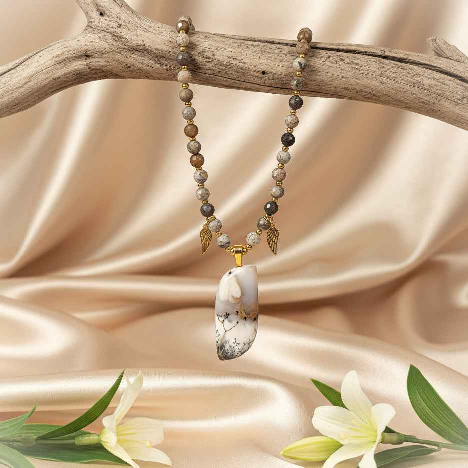 Collier de perles Divina en merlinite (opale dendritique)