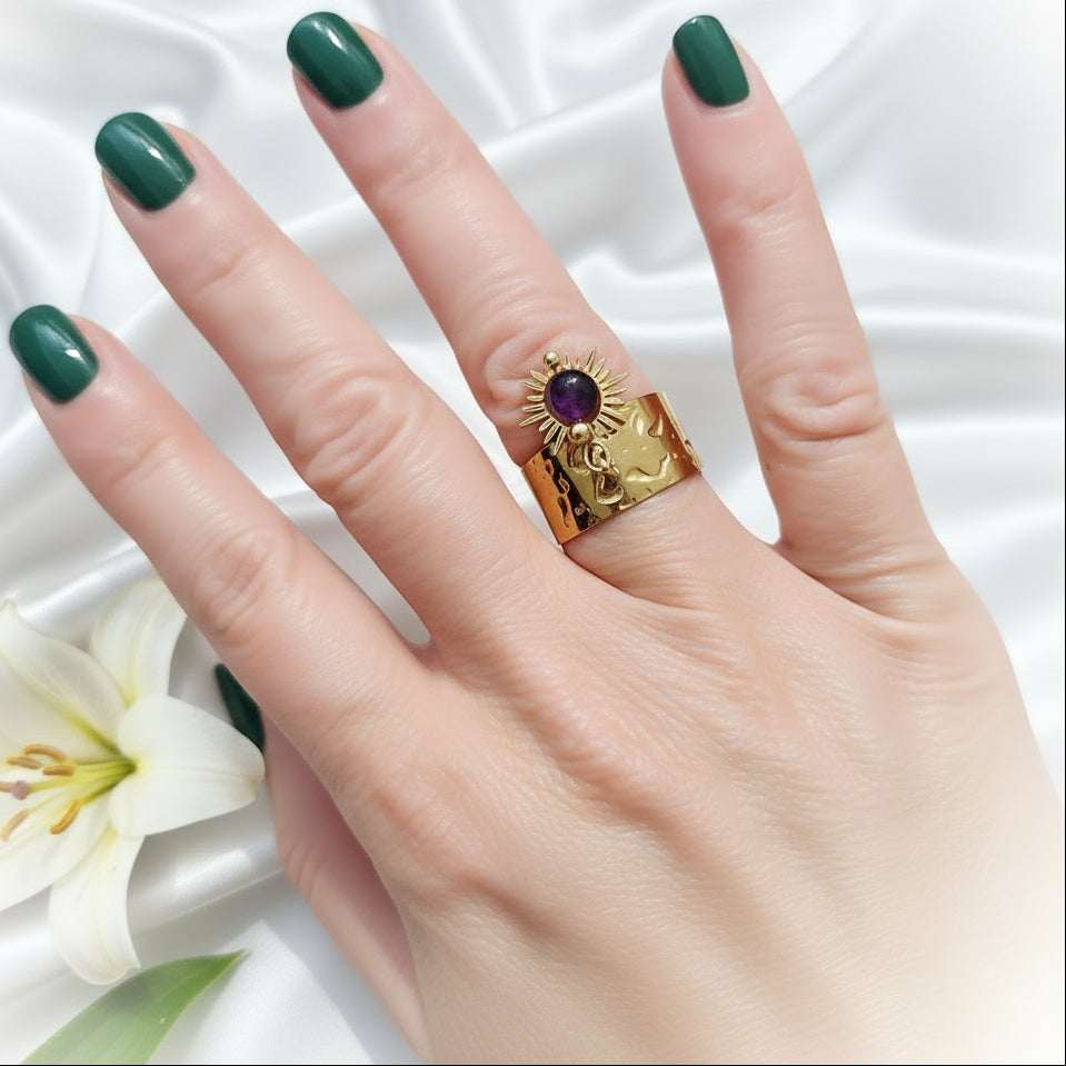 Bague doré, argenté, au choix perle de pierre et acier ajustable