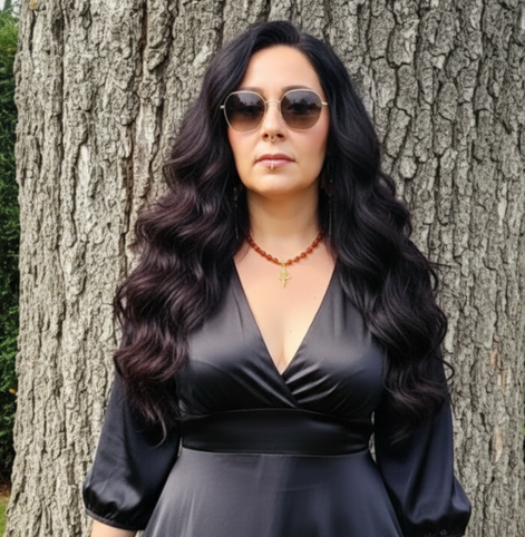 créatrice portant un collier en cornaline