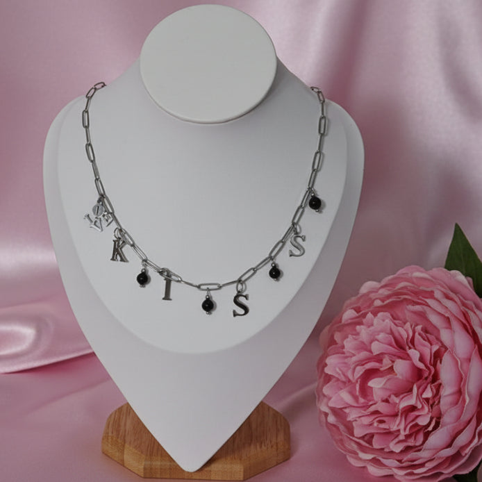 collier acier inoxydable argenté et pierre