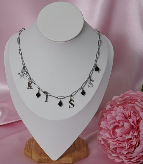 collier acier inoxydable argenté et pierre