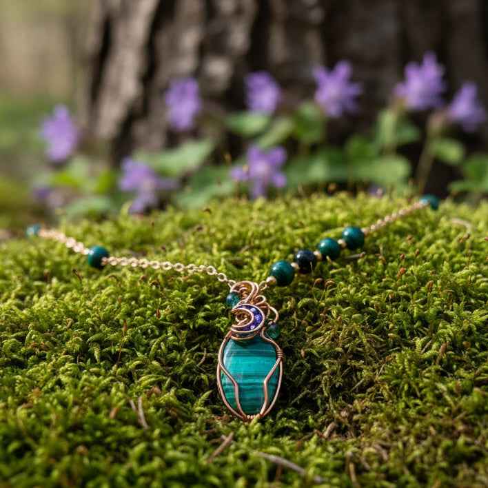 Collier doré enchanté en malachite sertie