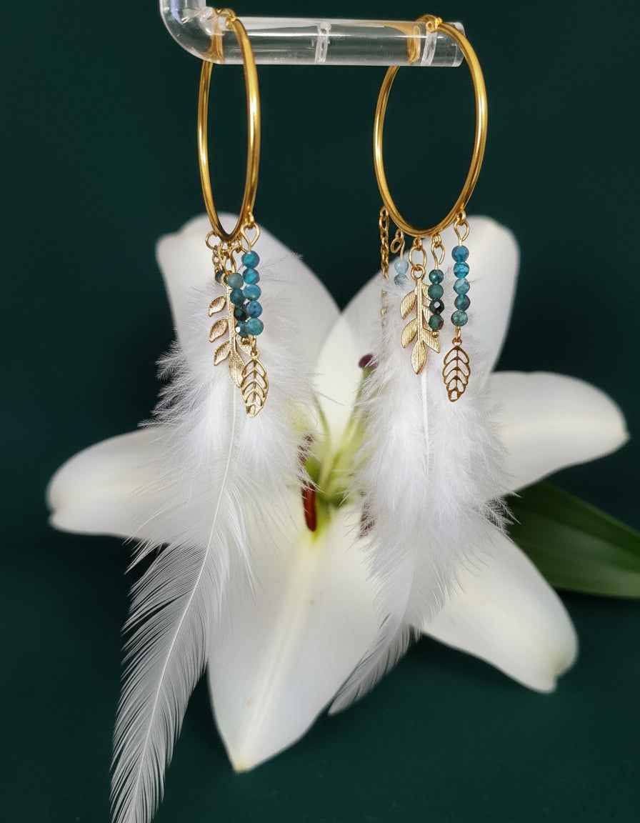 Boucles d'oreilles Enchantée, apatite, plume blanche, dorée