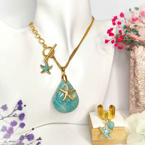 Collier Doré en amazonite, "étoile d Atlantide"