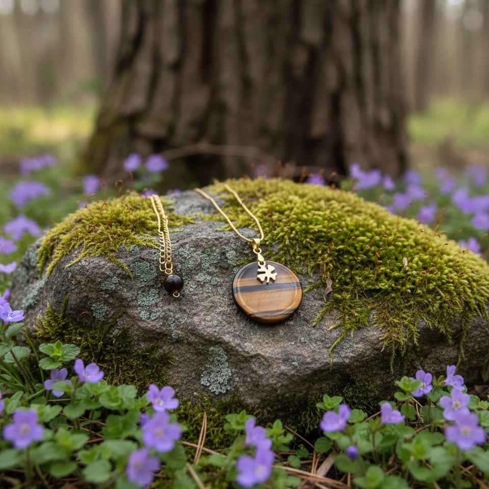 Collier doré et oeil de tigre, trèfle