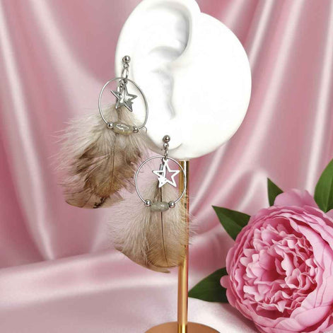 Boucles d'oreilles en labradorite étoile et plume