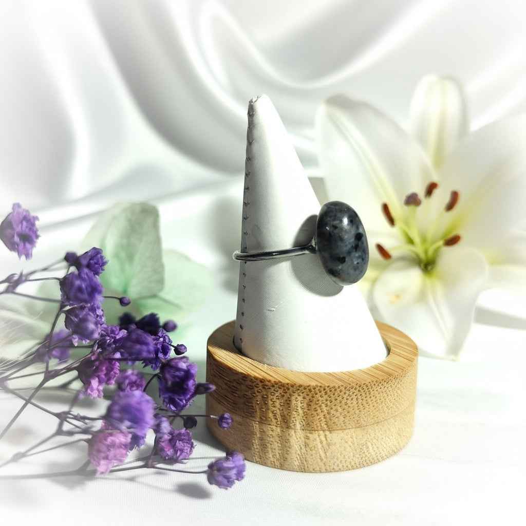 Bague labradorite larvikite et acier inoxydable