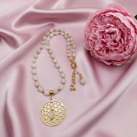 Collier en Pierre de Lune, Fleur de Vie ou Unalome