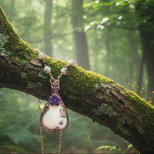 Collier violet et Pendentif en merlinite sertissage cuivre