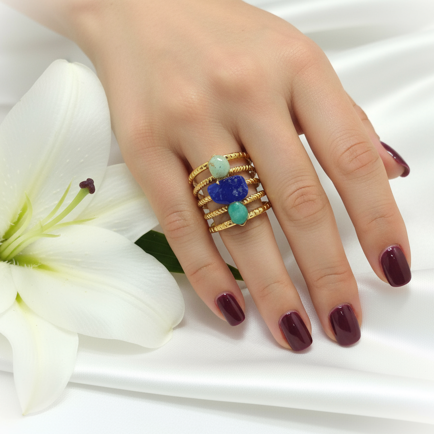 Bague doré en lapis lazuli amazonite, pièce unique