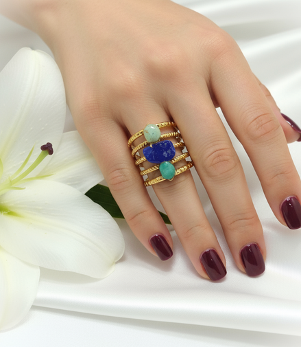 Bague doré en lapis lazuli amazonite, pièce unique