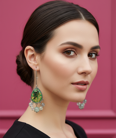 Boucles d'oreilles vertes en acier inoxydable et pierres