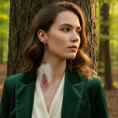 Boucle en améthyste & Plumes sacrées, ailes de fée, doré ou argenté au choix