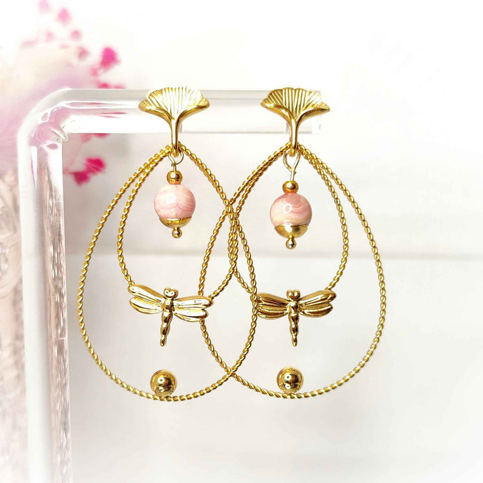 Boucles d'oreilles libellule dorées, pierre au choix
