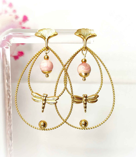 Boucles d'oreilles libellule dorées, pierre au choix