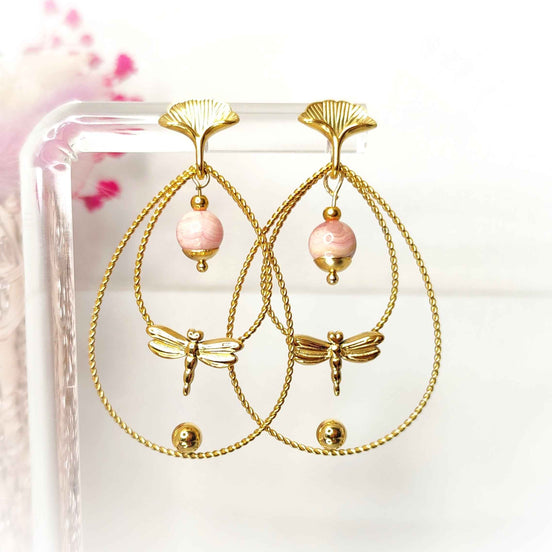 Boucles d'oreilles libellule dorées, pierre au choix