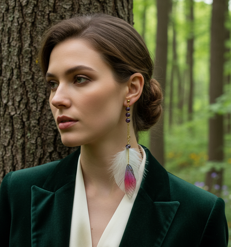 Boucle en améthyste & Plumes sacrées, ailes de fée, doré ou argenté au choix