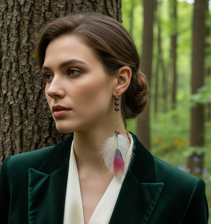 Boucle en améthyste & Plumes sacrées, ailes de fée, doré ou argenté au choix