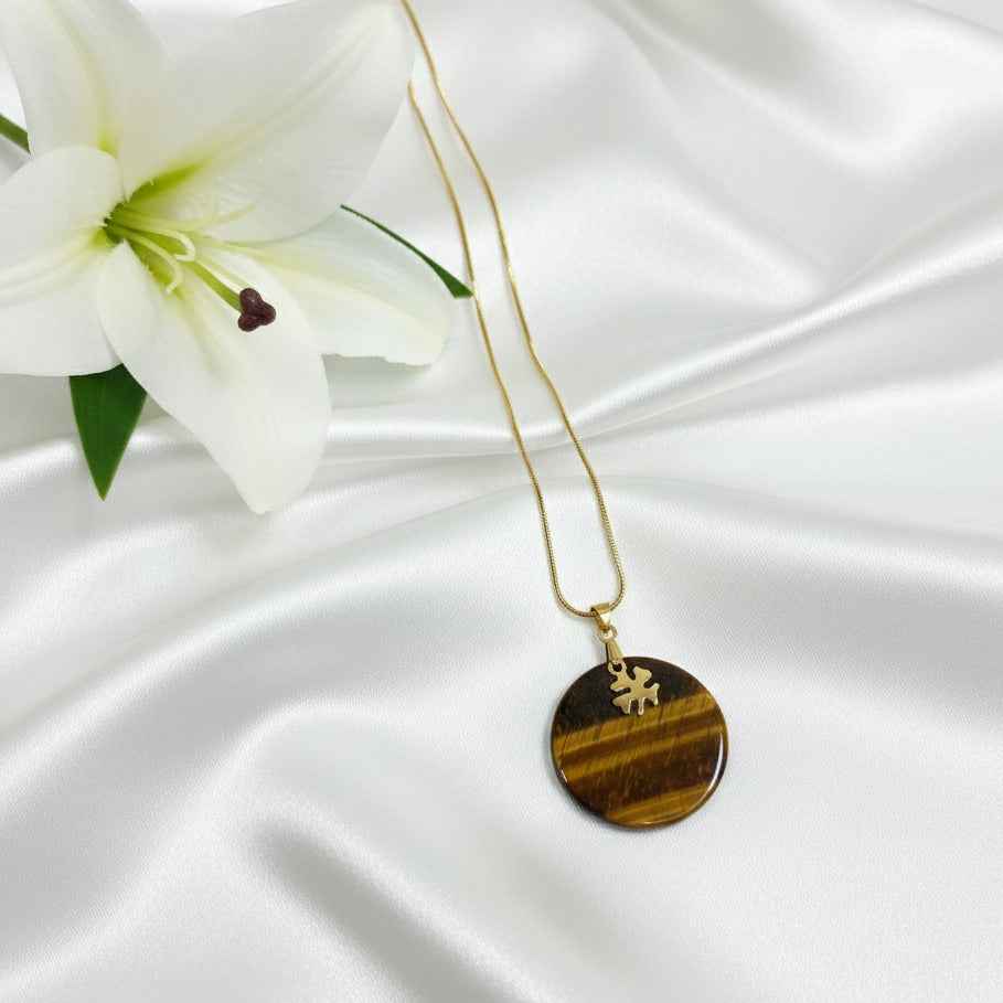 Collier doré et oeil de tigre, trèfle