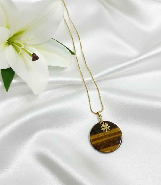 Collier doré et oeil de tigre, trèfle